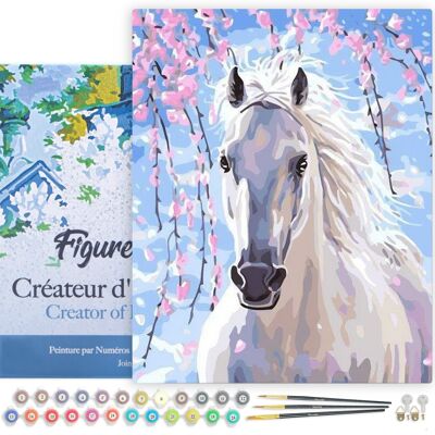 Paint by Number DIY Kit - Horse and white flowers - canvas stretched on wooden frame