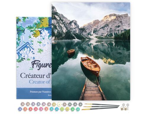 Peinture au Numéro Kit DIY - Barque et lac de montagne - toile tendue sur châssis en bois