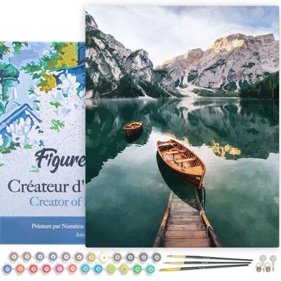 Painting by Number DIY Kit - Boat and mountain lake - canvas stretched on wooden frame