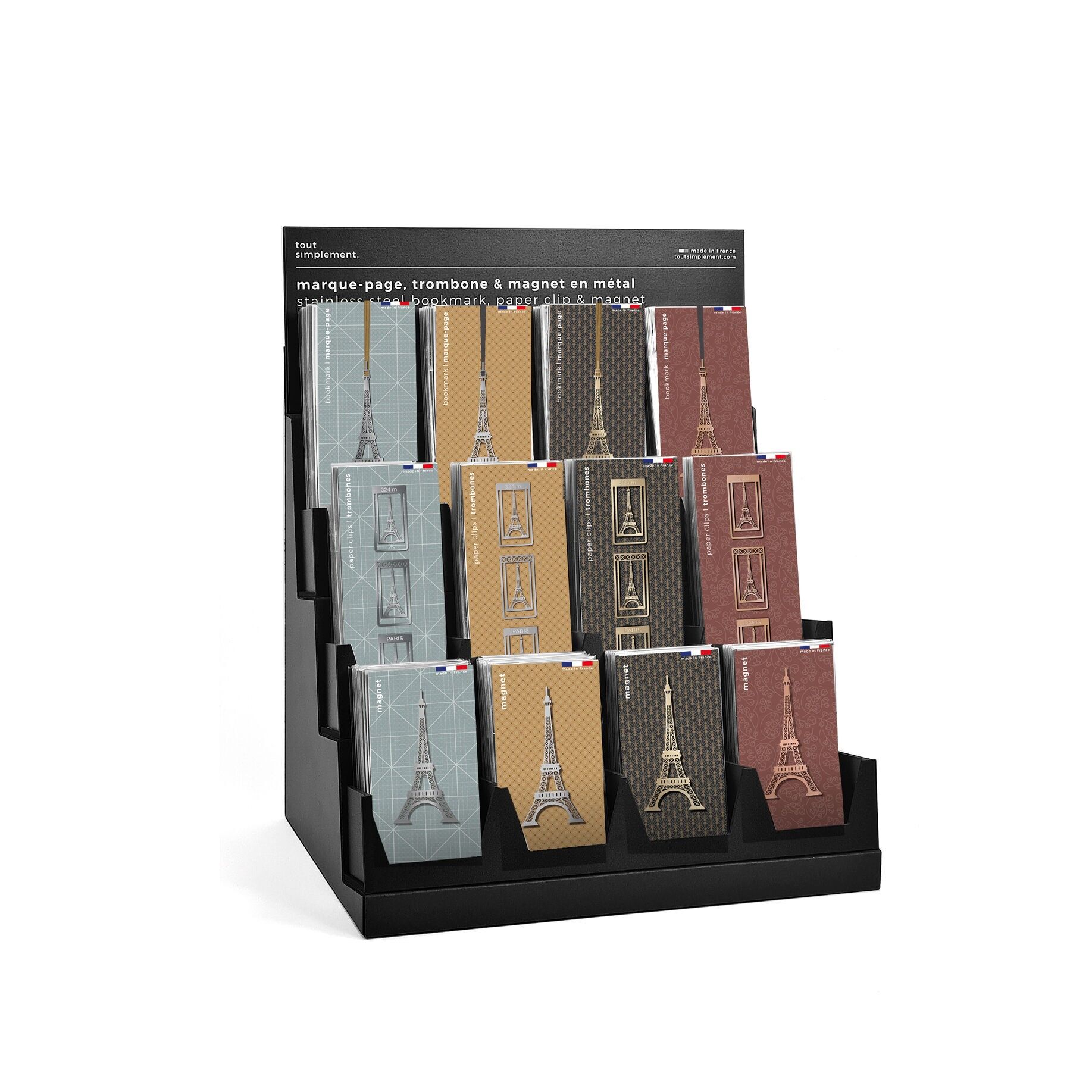 Espositore completo di 48 segnalibri, 48 segnalibri a clip e 48 calamite Parigi