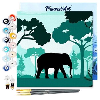 Mini Peinture par Numéros - Kit DIY 20x20cm avec cadre Eléphant dans la forêt verte 1