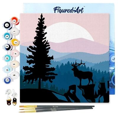 Mini pintura por números - Kit de bricolaje 20x20cm con marco Majestuoso ciervo y paisaje