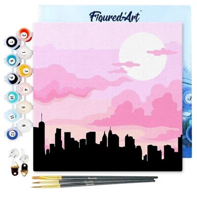 Mini pintura por números - Kit de bricolaje 20x20cm con marco Nueva York bajo un cielo rosa