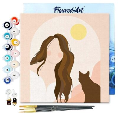 Mini pintura por números - Kit de bricolaje 20x20cm con marco Mujer y su gato