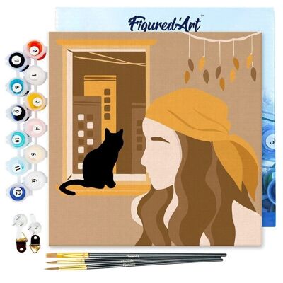 Mini pintura por números - Kit de bricolaje 20x20cm con marco Mujer y su gato en la ventana
