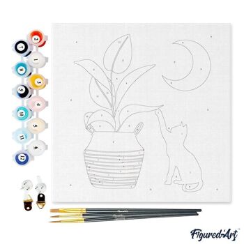 Mini Peinture par Numéros - Kit DIY 20x20cm avec cadre Chaton et Plante au clair de Lune 4