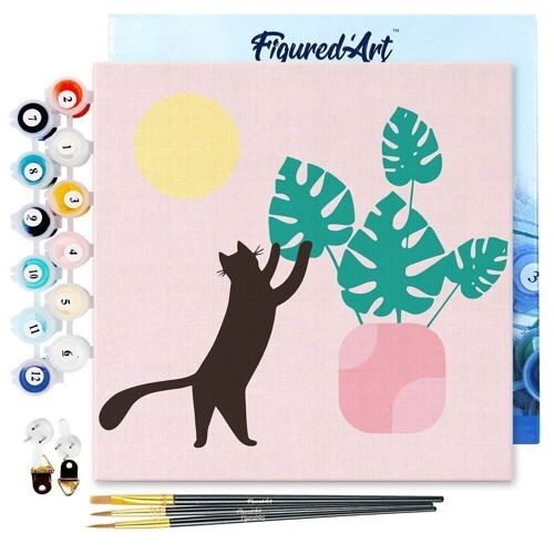 Mini Peinture par Numéros - Kit DIY 20x20cm avec cadre Chaton et plante au Soleil