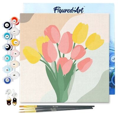 Mini pintura por números - Kit de bricolaje 20x20cm con marco Ramo de tulipanes