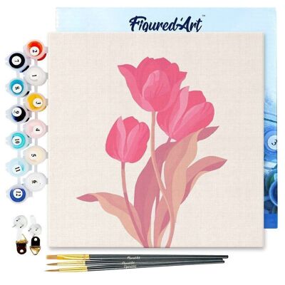 Mini dipinto con i numeri - Kit fai da te 20x20 cm con cornice 3 tulipani rosa