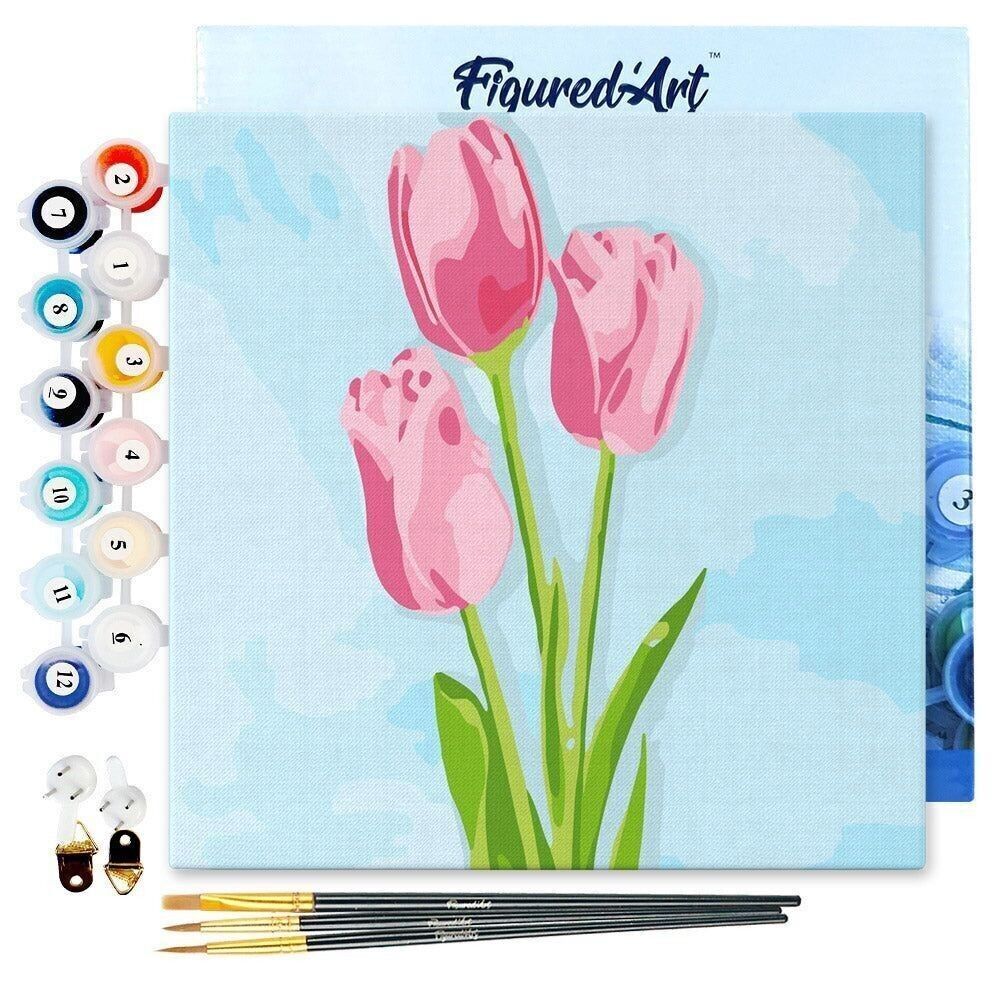 Mini dipinto con i numeri - Kit fai da te 20x20 cm con cornice Tulipani e Cielo Azzurro