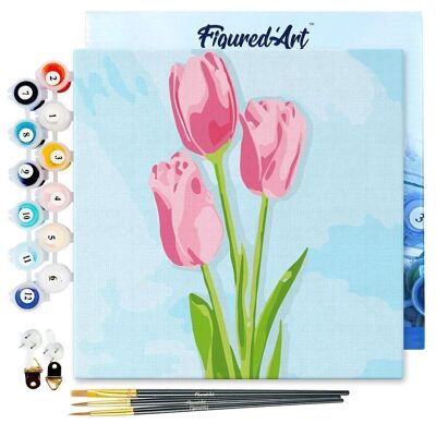 Mini-Malen nach Zahlen – DIY-Set 20 x 20 cm mit Rahmen „Tulpen und blauer Himmel“.