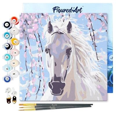 Mini pintura por números - Kit de bricolaje 20x20cm con marco de caballo y flores blancas