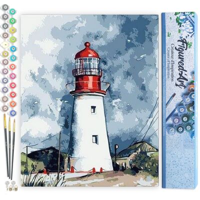 Malen-nach-Zahlen-DIY-Set – Leuchtturm unter schwerem Himmel – gerollte Leinwand