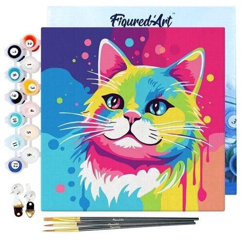 Mini Peinture par Numéros - Kit DIY 20x20cm avec cadre Chat Abstrait Pop Art