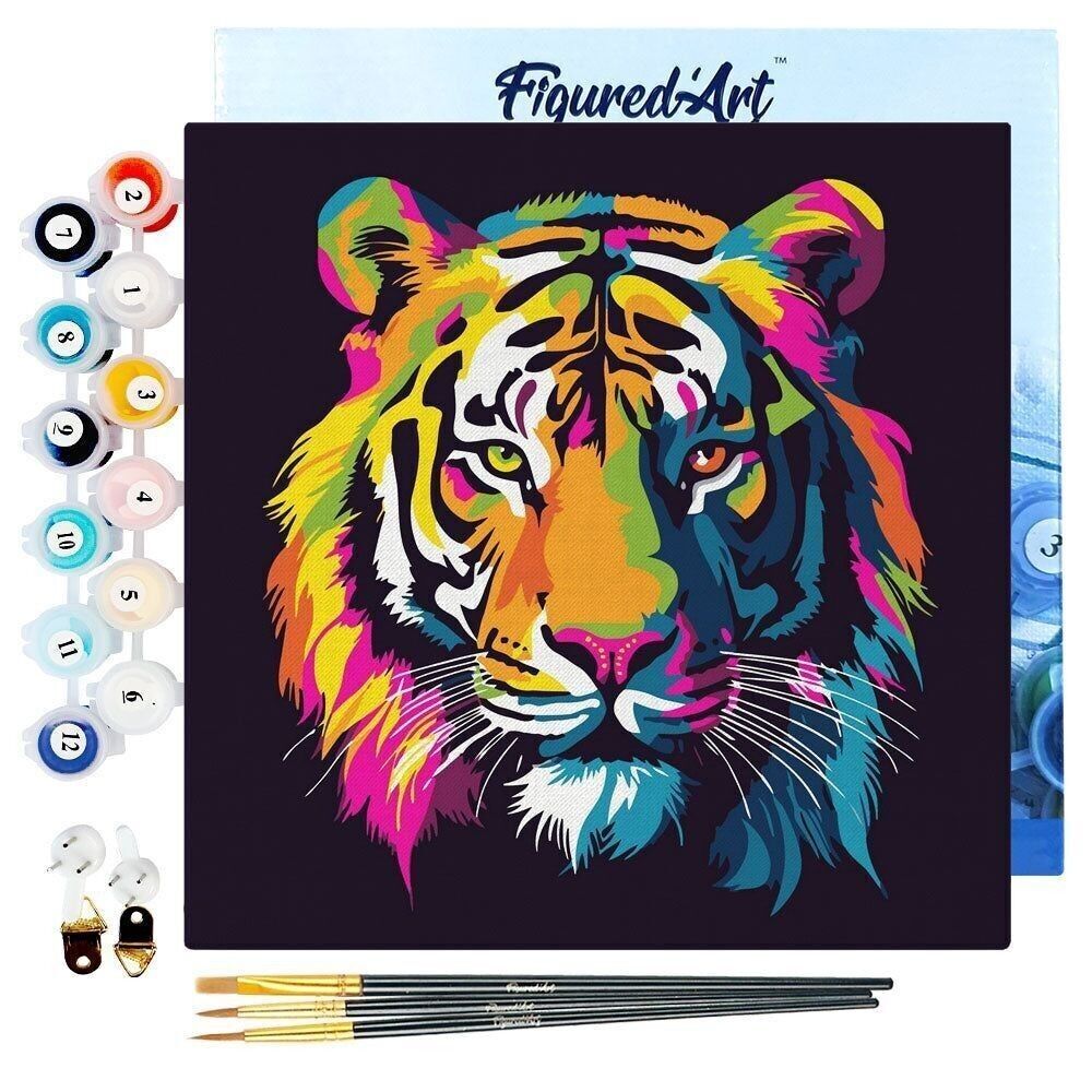 Mini dipinto con i numeri - Kit fai da te 20x20 cm con cornice Tigre astratta Pop Art