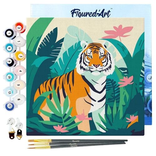 Mini Peinture par Numéros - Kit DIY 20x20cm avec cadre Tigre du Bengale Tropical