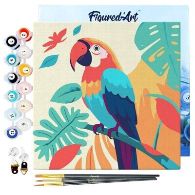 Mini dipinto con i numeri - Kit fai da te 20x20 cm con cornice di pappagallo tropicale