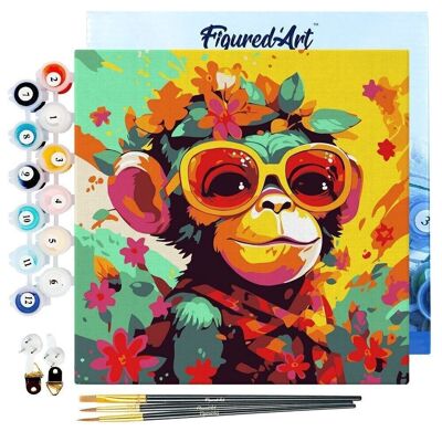 Mini Peinture par Numéros - Kit DIY 20x20cm avec cadre Singe Fantaisie et Fleurs