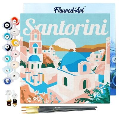 Mini pintura por números - Kit de bricolaje 20x20cm con marco Amanecer en Santorini