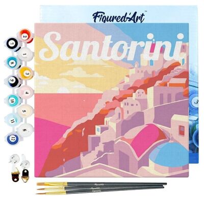 Mini Peinture par Numéros - Kit DIY 20x20cm avec cadre Coucher de Soleil à Santorin