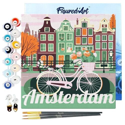 Mini Peinture par Numéros - Kit DIY 20x20cm avec cadre Vélo à Amsterdam