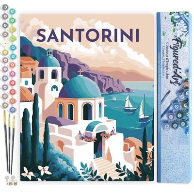 Kit de pintura por números DIY - Póster vintage de Santorini - Lienzo enrollado