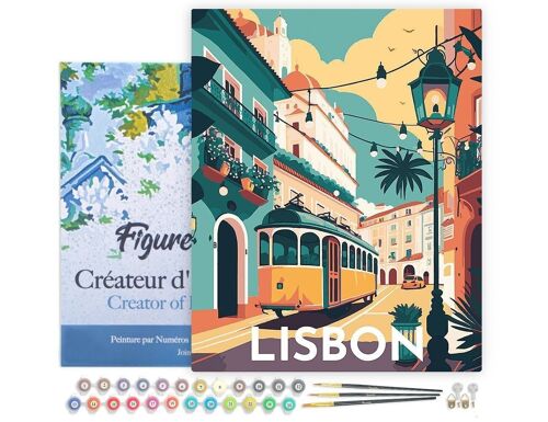 Peinture par Numéros Kit DIY - Affiche Vintage Lisbonne - toile tendue sur châssis en bois
