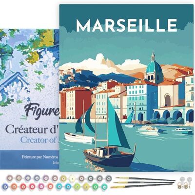 Peinture par Numéros Kit DIY - Affiche Vintage Marseille - toile tendue sur châssis en bois