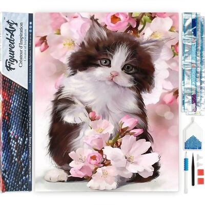 Kit de Broderie Diamant 5D - Diamond Painting DIY Chat et Fleurs