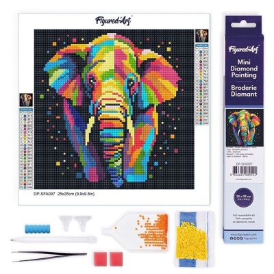 Diamantmalerei – DIY-Diamant-Stickset, Mini 25 x 25 cm auf gerollter Leinwand – abstrakte Elefanten-Pop-Art