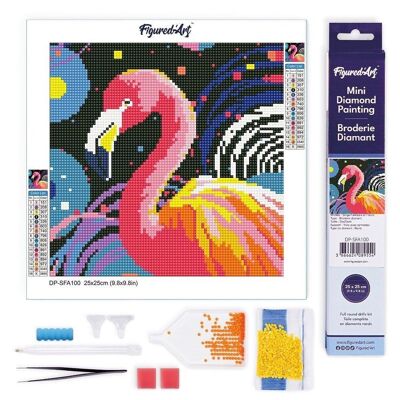 Diamantmalerei – DIY-Diamant-Stickset, Mini 25 x 25 cm auf gerollter Leinwand – rosa Flamingo, abstrakte Pop-Art