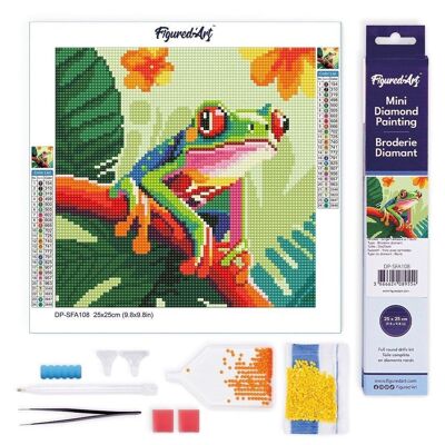 Pintura de diamantes - Kit de bordado de diamantes DIY Mini lienzo enrollado de 25x25 cm - Rana arborícola tropical con ojos rojos