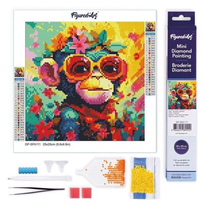 Diamond Painting - Broderie Diamant DIY kit Mini 25x25cm toile roulée - Singe Fantaisie et Fleurs