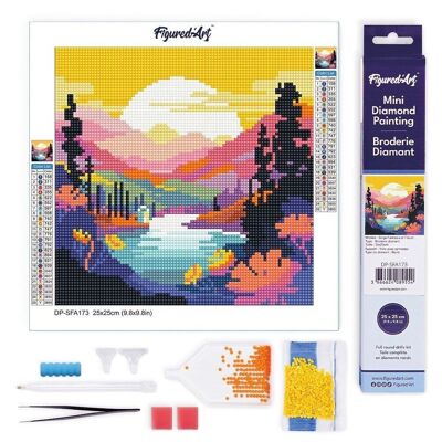 Diamantmalerei – DIY-Diamant-Stickset, Mini 25 x 25 cm auf gerollter Leinwand – Bunter Sonnenuntergang am See