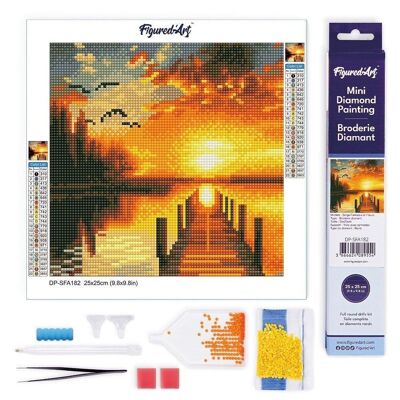 Diamantmalerei – DIY-Diamant-Stickset, Mini-Leinwand, gerollt, 25 x 25 cm – Sonnenuntergang am Goldenen See