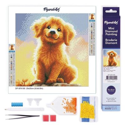 Pintura de diamantes - Kit de bordado de diamantes DIY Mini lienzo enrollado de 25x25 cm - Adorable cachorro Golden Retriever