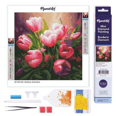 Pintura de diamantes - Kit de bordado de diamantes DIY Mini lienzo enrollado de 25x25 cm - Hermosos tulipanes rosados