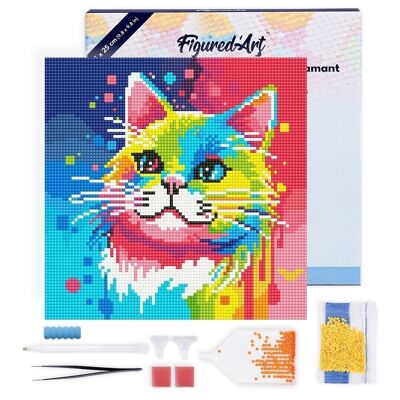 Diamantmalerei - DIY-Diamant-Stickset Mini 25x25cm mit Rahmen - Abstrakte Katze Pop Art