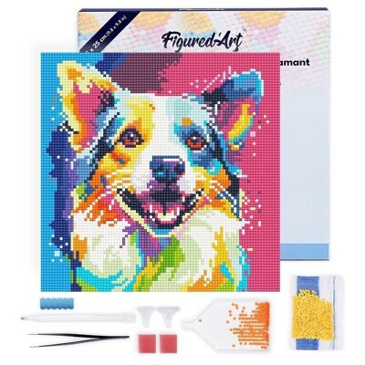 Pintura de diamante - Kit de bordado de diamante DIY Mini 25x25cm con marco - Perro de arte pop abstracto