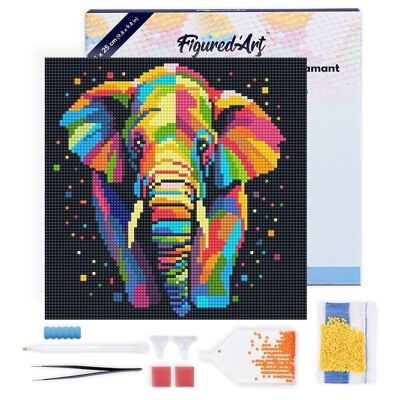 Diamantgemälde – DIY-Diamant-Stickset Mini 25 x 25 cm mit Rahmen – abstrakter Pop-Art-Elefant