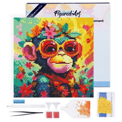 Diamond Painting - Broderie Diamant DIY kit Mini 25x25cm avec cadre - Singe Fantaisie et Fleurs