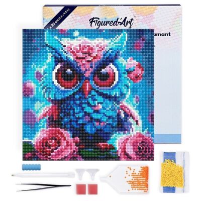 Pintura de diamante - Kit de bordado de diamante DIY Mini 25x25cm con marco - Búho azul