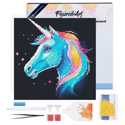 Diamond Painting - Kit ricamo diamante fai da te Mini 25x25 cm con cornice - Unicorno neon