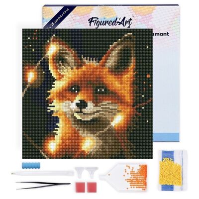 Pintura de diamantes - Kit de bordado de diamantes DIY Mini 25x25cm con marco - Zorro rojo y luz
