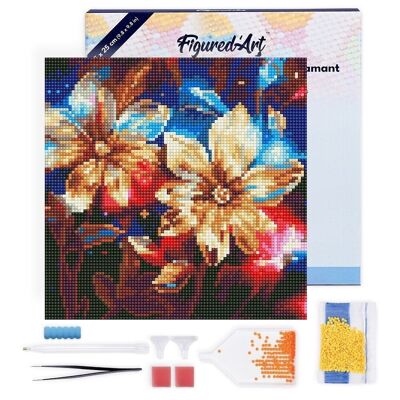 Diamond Painting - DIY Diamond Embroidery kit Mini 25x25cm with frame - Shiny Golden Flowers