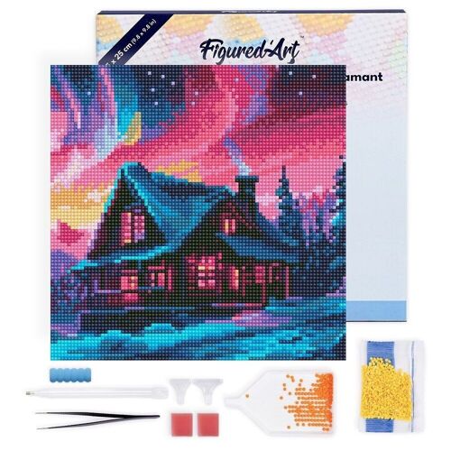 Diamond Painting - Broderie Diamant DIY kit Mini 25x25cm avec cadre - Maison et Aurore boréale