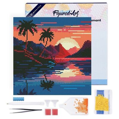 Diamond Painting - Kit ricamo diamante fai da te Mini 25x25 cm con cornice - Mare e Tramonto