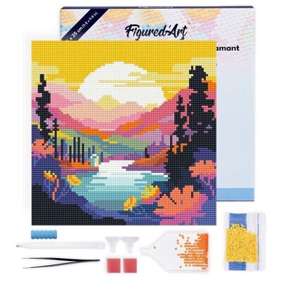 Diamond Painting - Broderie Diamant DIY kit Mini 25x25cm avec cadre - Coucher de Soleil Coloré au Bord du Lac