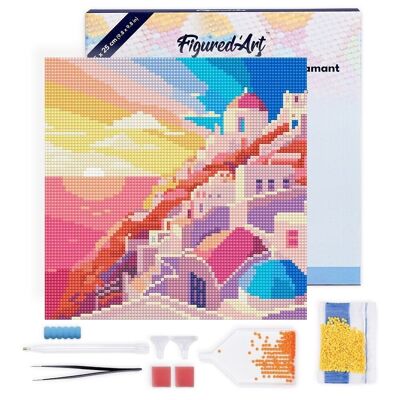 Diamond Painting - Kit ricamo diamante fai da te Mini 25x25 cm con cornice - Tramonto a Santorini