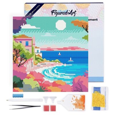 Pintura de diamantes - Kit de bordado de diamantes DIY Mini 25x25cm con marco - Colorida Riviera Francesa